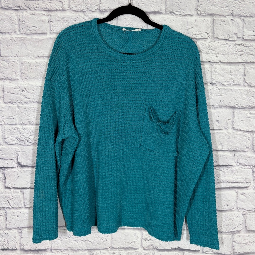 Zenana Teal Waffle Knit Boho Oversized Long Sleeve Pocket Top Soft Casual S/M